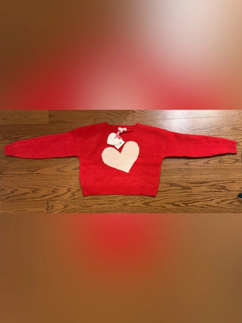 Pink Rose Red Sweater with Cream Heart and Pearl Trim